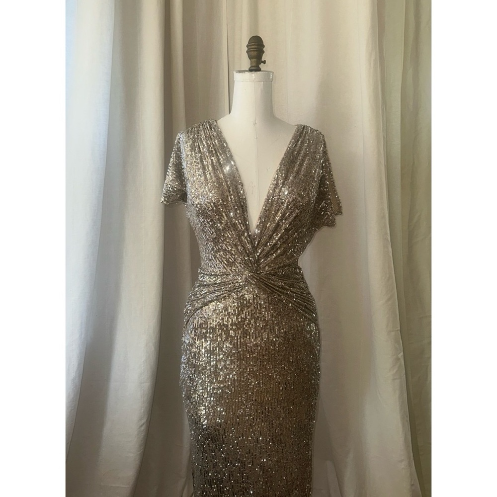 Metallic Sequin NWT Evening Gown - Low V Neck with Flap Sleeves - Picture 3 of 17